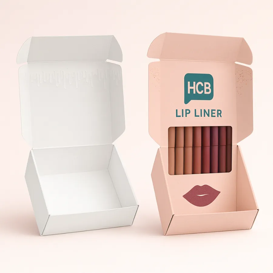 Open peach and white display boxes showing a range of lip liner pencils inside them- class=